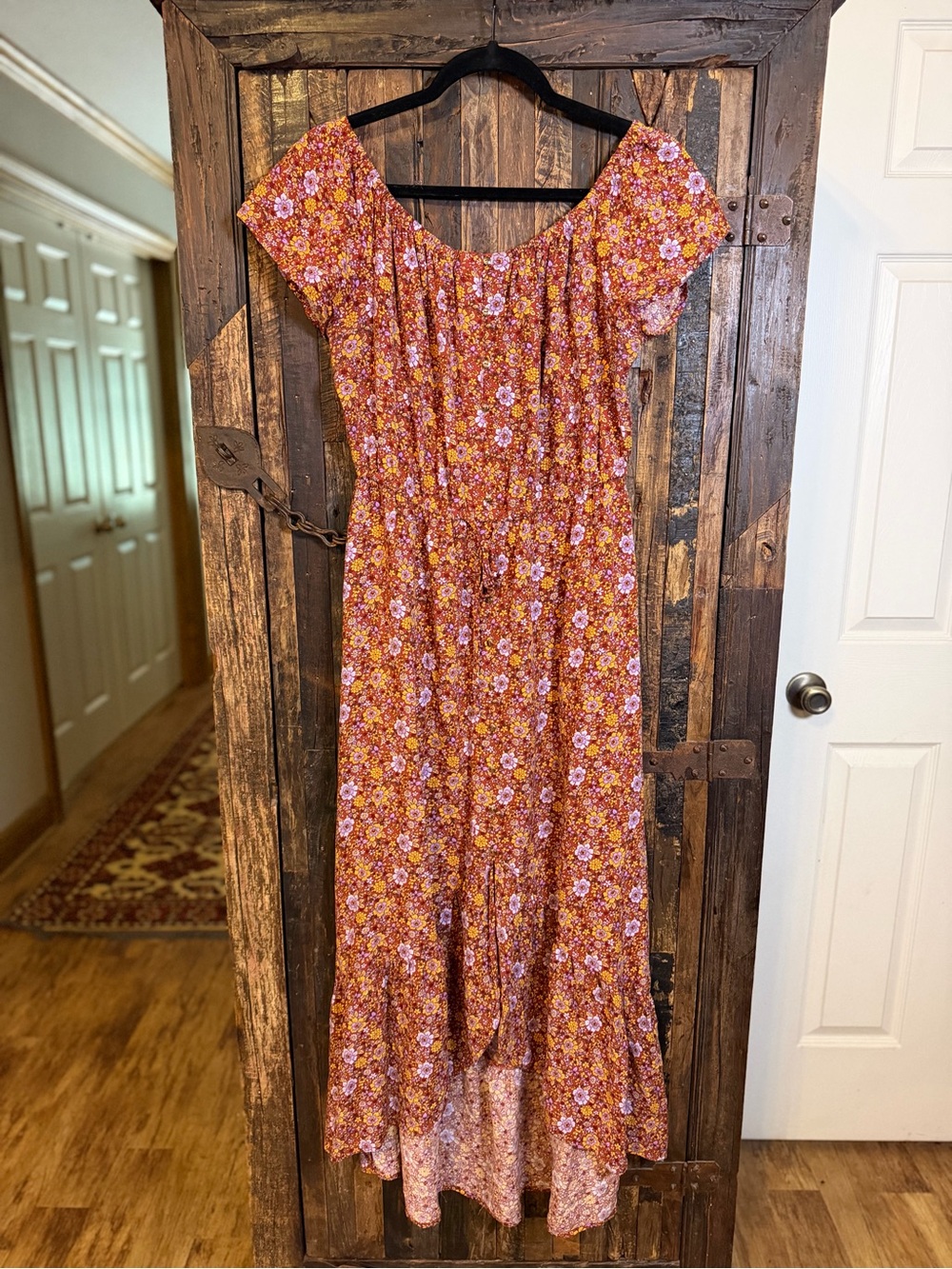 Indigo Rose Maxi Dress L Rust Floral Boho Cottagecore Short Sleeve Tiered